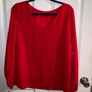 Red V-Neck Long Sleeve Blouse